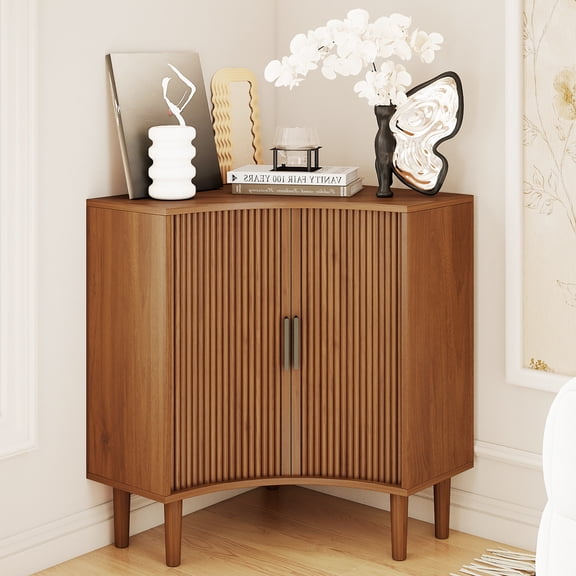 Modern Mid Century Corner Storage Cabinet, Fluted Corner Floor Cabinet with Sliding Doors and Adjustable Shelf, Freestanding Small Organizer for Living Dining Room, Walnut