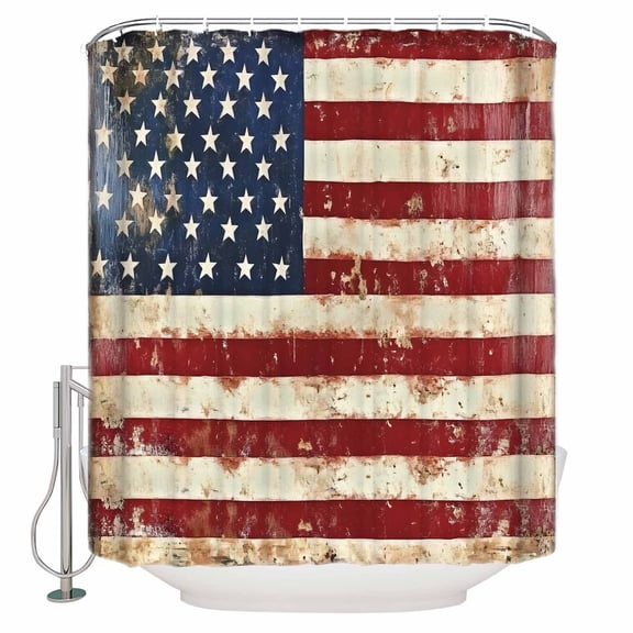 Retro American Shower Curtain, 72" x 72", Flag Patriotic Striped Stars Mottled Texture Waterproof Bathroom Curtain Washable Shower Curtain Set with 12 Hooks