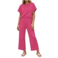 thumbnail image 2 of Mifsaly Striped Lounge Set for Women 2 Piece Short Sleeve Relaxed Top and High Waisted Wide Leg Pants with Pockets Flowy Trendy Casual Summer Beach Vacation Matching Outfits Pink,L, 2 of 7