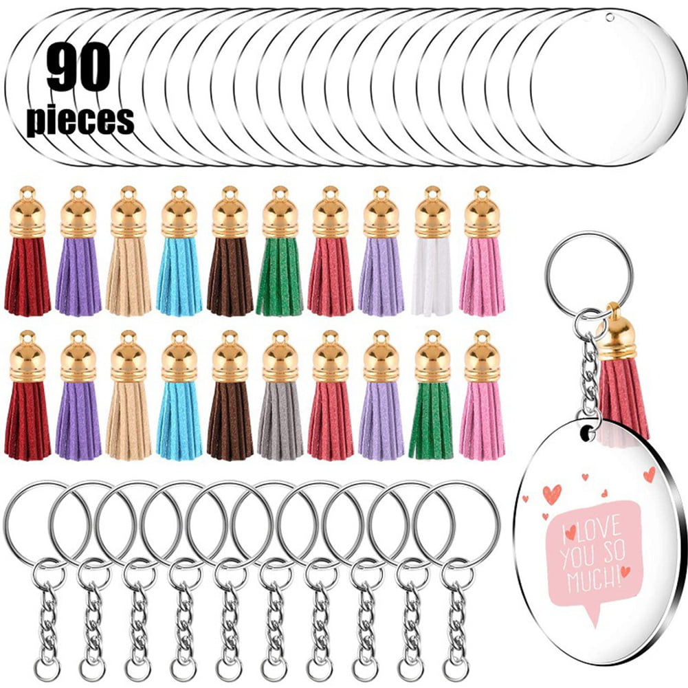NOTIONSLAND Acrylic Transparent Circle Blanks Keychain Tassels 48Pcs/Set Keyring Tassels Pendant for DIY Key Rings Projects and Crafts 