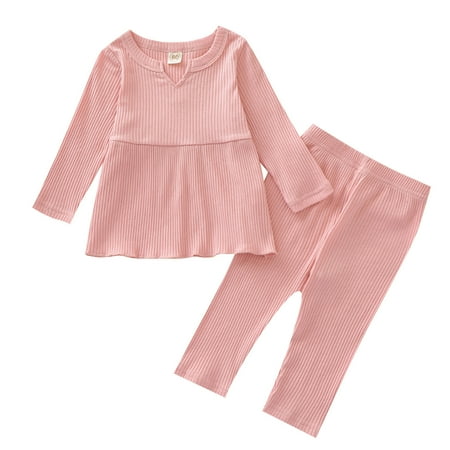 

Honeeladyy Toddler Baby Girls Ruffle Long Sleeve Solid Knit Tops Pants Set Outfits Pink