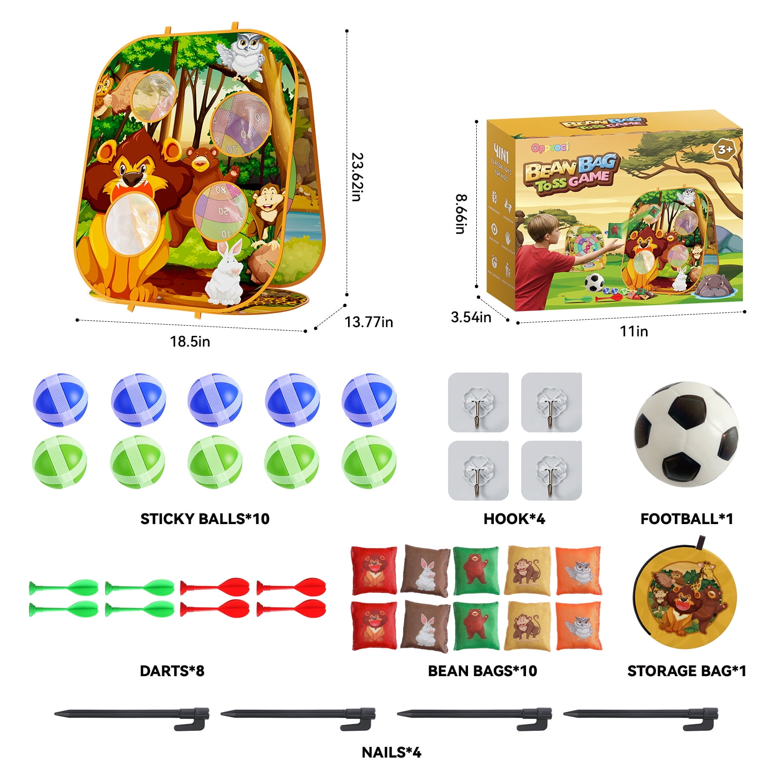 KNMDU 4-in-1 Cornhole Board Set with Bean Bag Toss, Soccer Goal, Safe Darts and Throwing Ball for Kids Ages 3-8
