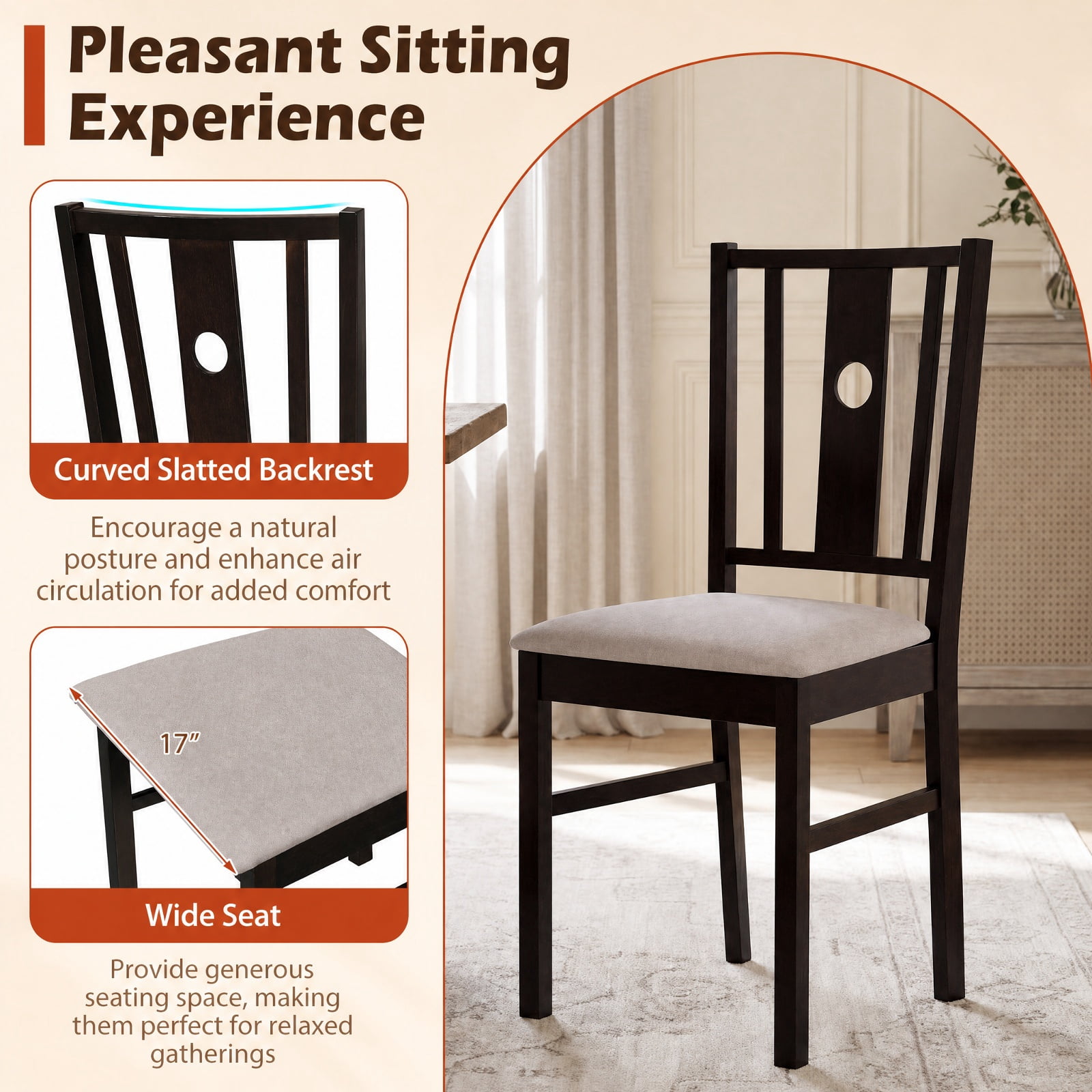 Furnibear Set of 2 Rubber Wood Kitchen Chairs with Fabric Padded Seat and Slatted High Back for Dining Room and Kitchen, Coffee