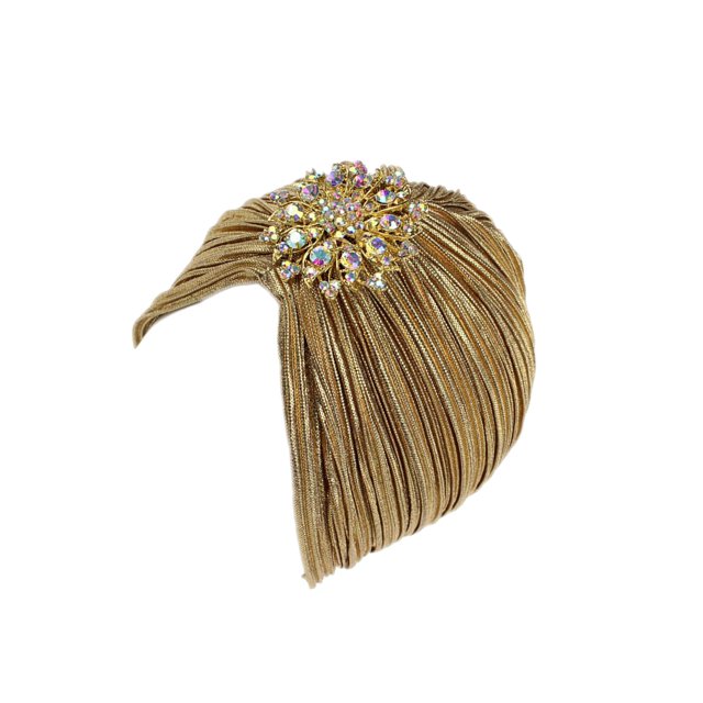 Turban pour Femmes Broche en Alliage Couvre-Chef à la Mode Bonnet Noir Doré 58cm