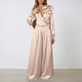 thumbnail image 3 of Aihuaihua Women's Satin 2 Piece Outfits Elegant V-Neck Long Sleeve Tops and Wide Leg Pants Sets Formal Clothes for Work Wedding Beige, 3 of 5