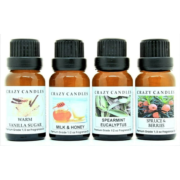 Crazy Candles 4 Bottles Set, 1 Spearmint Eucalyptus, 1 Spruce & Berries, 1 Milk & Honey, 1 Warm Vanilla Sugar 1/2 Fl Oz Each (15ml) Premium Grade Scented Fragrance Oils