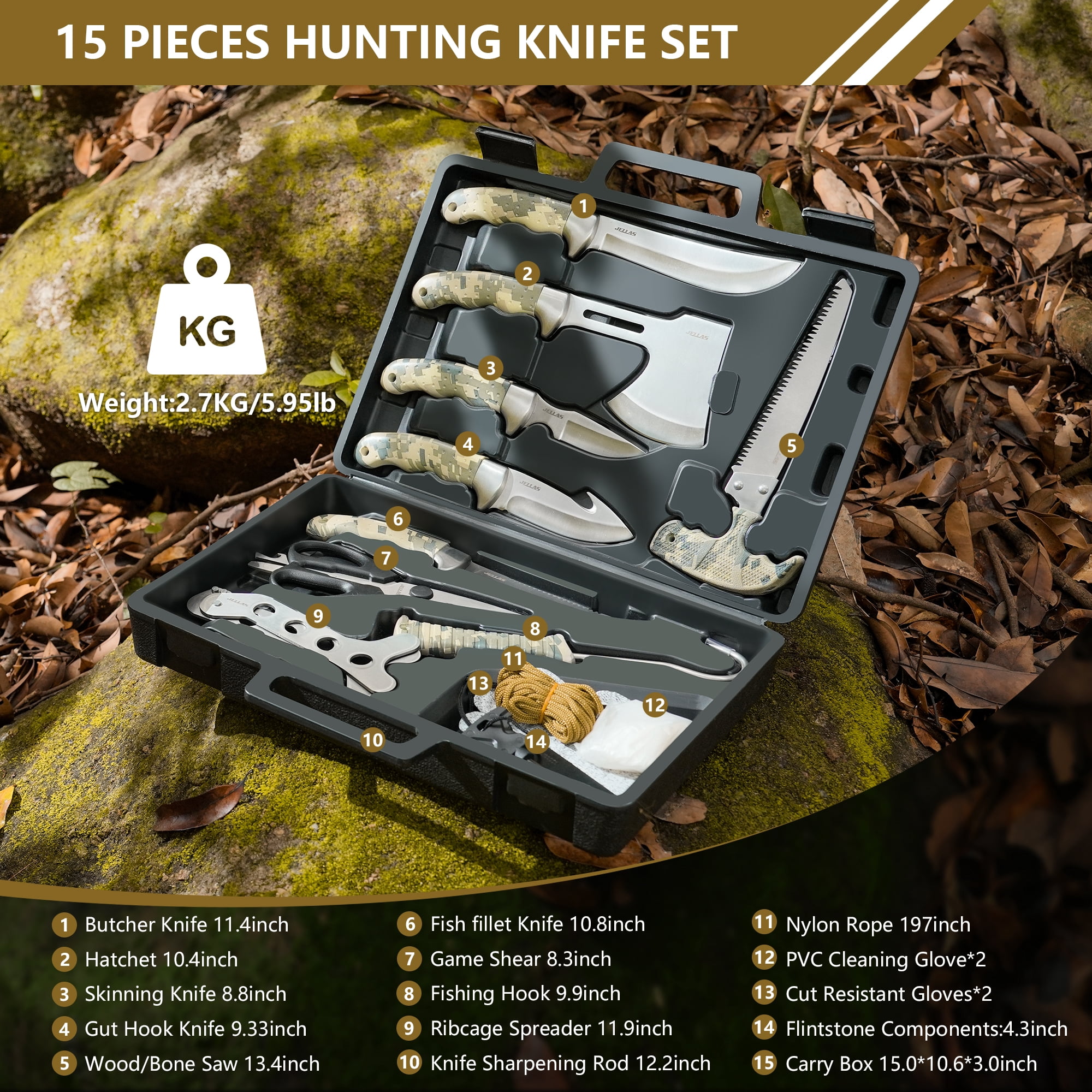Jellas Fixed Blade Deer Hunting Knives Set, 15 Pieces Skinning Knife for Hunting, Field Dressing Kit for Hunting, Fishing, Camping