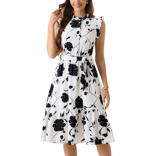 Vestidos florales INSPIRE CHIC para mujer, vestido midi sin mangas con cuello de volantes y media abertura, color blanco