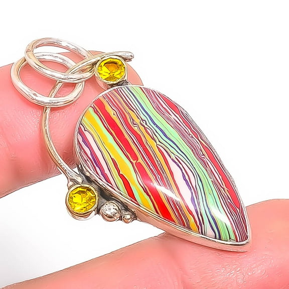 Rainbow Calsilica & Citrine 925 Sterling Silver Pendant 1.76" P18051, Christmas Gift, Gemstone Silver Jewelry, Rainbow Calsilica Pendant, New Year Sal