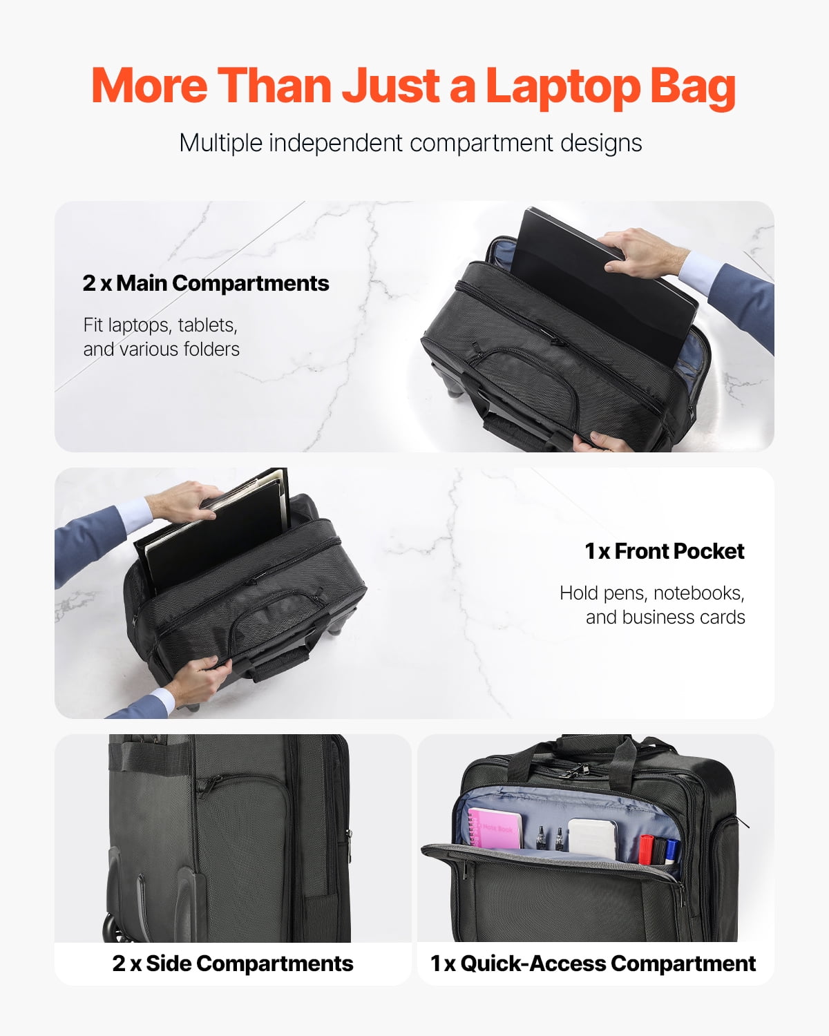 VEVOR Rolling Laptop Bag, Fits Up to 17.3 Inch Laptop, Wheeled Briefcase, Roller Computer Tote Bag with Wheels & Telescoping Handle, Laptop Case for Work Travel Business Office, Women & Men (Black)