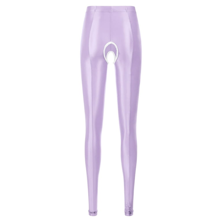 Women's Glossy Hollow Out Silky Long Crotchless Leggings High Elastic High  Waist Yoga Pants