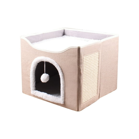 Cat House for Indoor Cats – Foldable Cat Bed Cave with Scratch Pad, Fluffy Ball, and Cat Hole – Durable & No Sagging Cat Condo, Cat Hideaway for Multiple Kittens