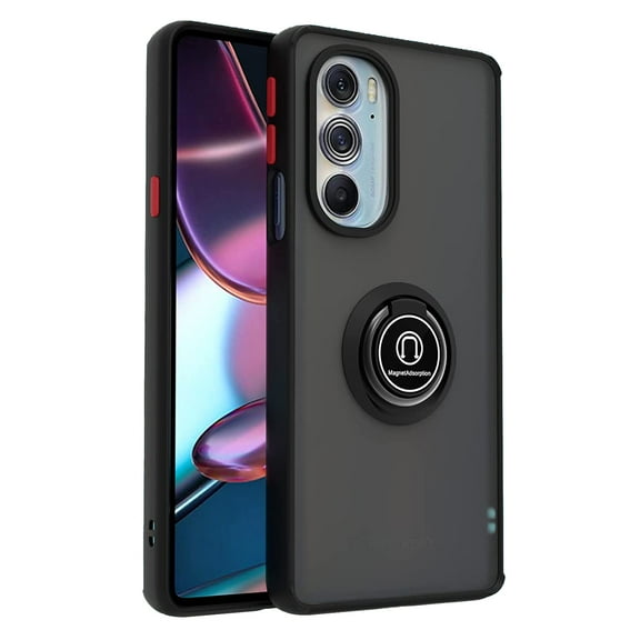 For Motorola Edge Plus 2022 Impact Metal Ring Holder Stand Magnetic Car Mount Protective Hybrid Case Cover Black