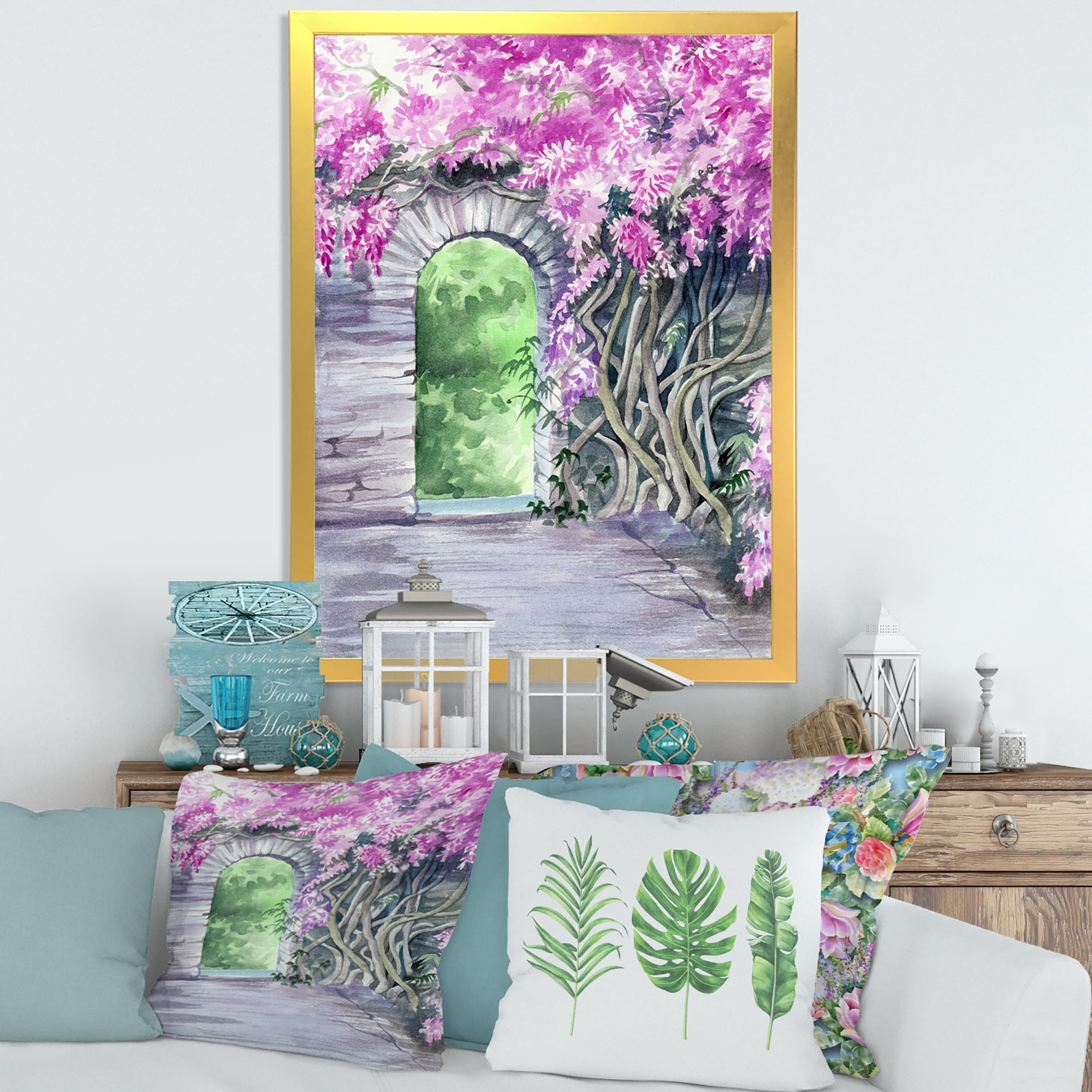 Designart 'Blossoming Purple Wisteria Garden Over The Wall' Traditional Framed Art Print