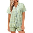 thumbnail image 3 of Womens Pajama Sets Satin Sexy Plaid Print Short Sleeve V Neck Shirt With Shorts Two Piece Women Pajamas & Loungewear Nightwear, 3 of 8