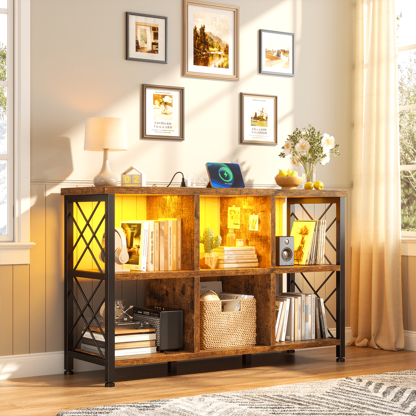 EnHomee 6-Cube Storage Organizer with LED Lights & Charging Station,Wood & Metal Bookshelf, Multi-Functional Cube Shelf for Bedroom, Home Office & Living Room，Rustic Brown