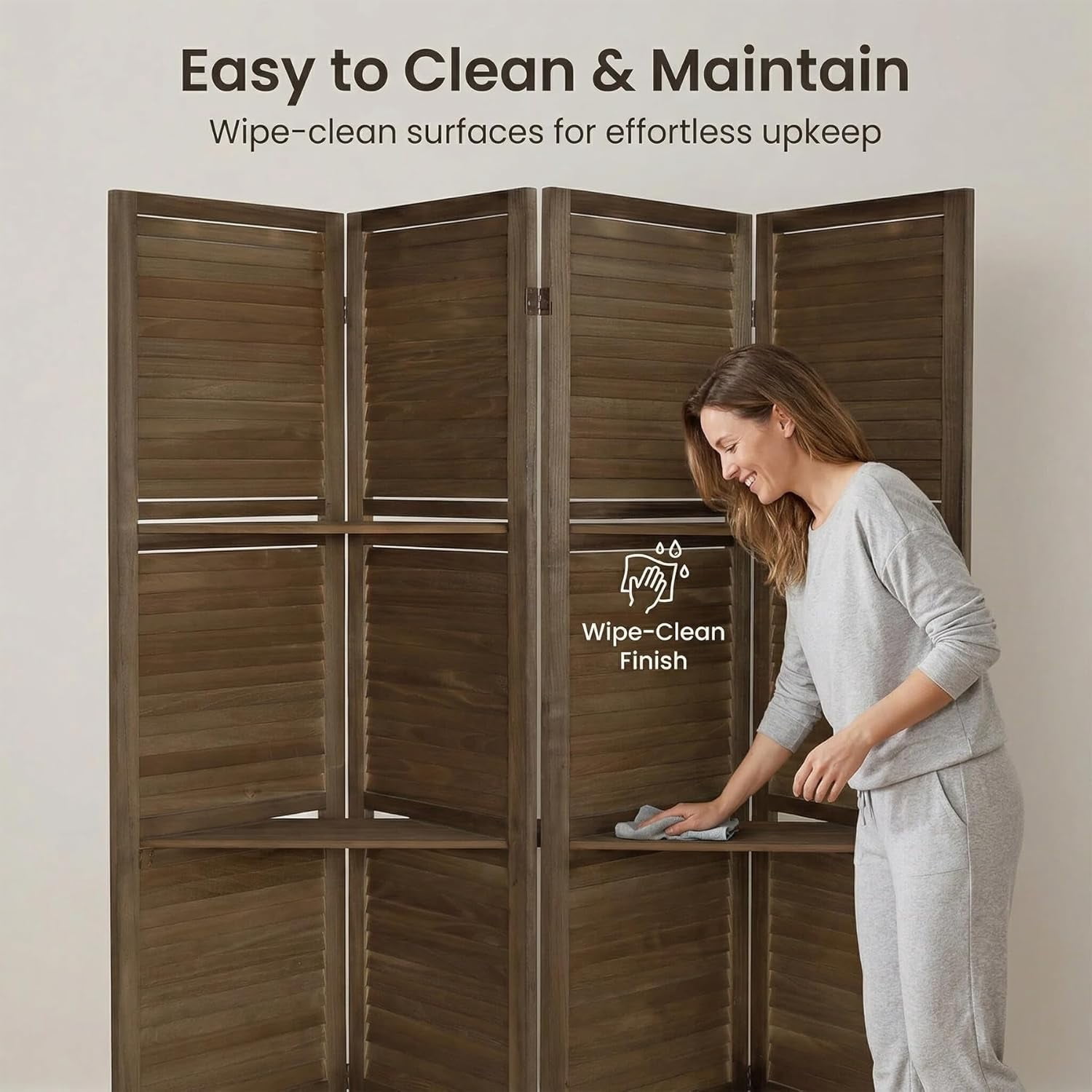 4 Panel Bamboo Room Divider with Shelves, Lightweight Privacy Screen for Bedroom Home Office, No Assembly Required