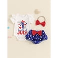 thumbnail image 4 of Raccmtaty 4th of July Baby Girls Outfits Letter Print Short Sleeve Rompers Bowknot Ruffles Stars Print Shorts Headband 3Pcs Clothes Set, 4 of 9