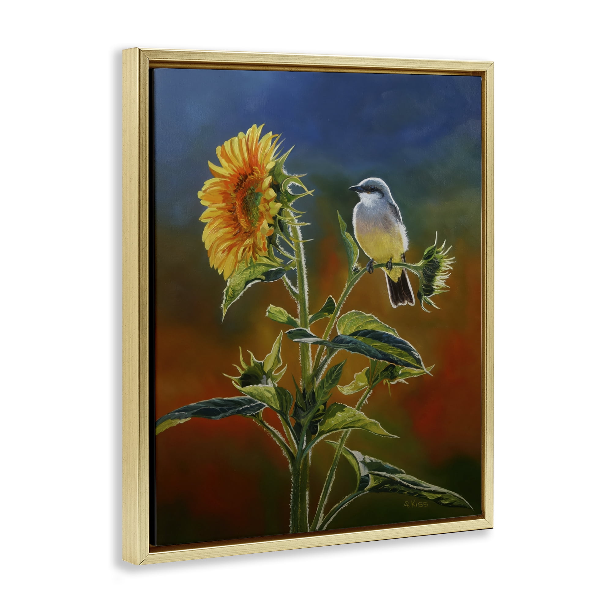 Stupell Industries Western Kingbird & Flower Plants & Flowers Painting Gold Floater Framed Canvas Art Print Wall Art, 25 x 31