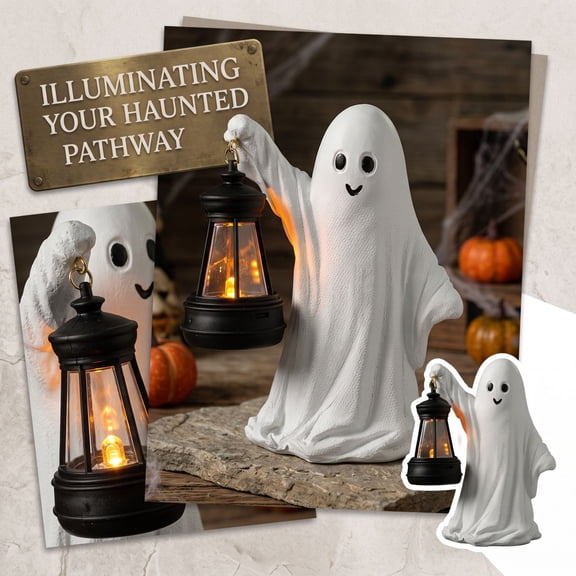 Halloween Ghost Statue with Lantern, Cute Light Up Spooky Figurine LED Resin Table Centerpiece for Home Party Desk Decor