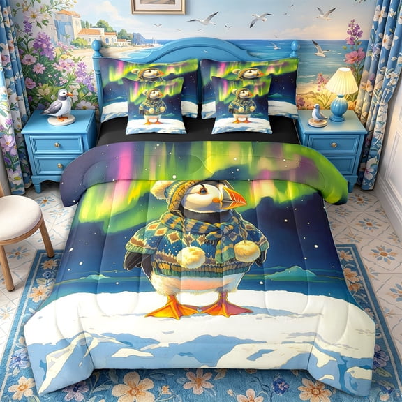 Castle Fairy Whimsical Cartoon Winter Puffin 7-Piece Twin Bedding,Aurora Borealis Snow Ice Landscape Bedding Comforter Set,Green Navy,Black Reversible
