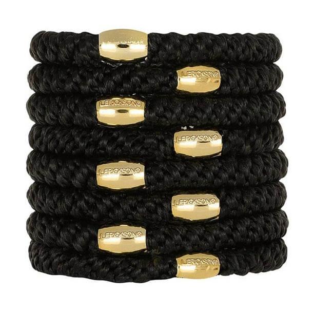 L. Erickson Grab & Go Pony - Negro y Dorado - Paquete de 8 Corbatas para el Cabello con Soporte para Cola de Caballo - Cuenta Dorada