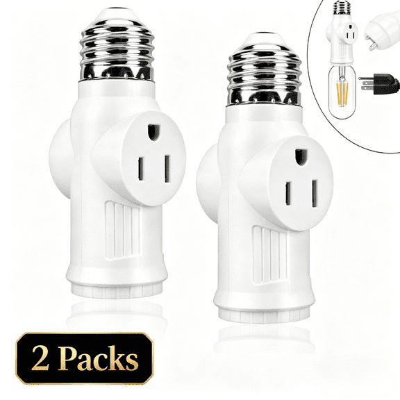 SHUWND 2 PACKS E26 Light Socket to Plug Adapter, Heat-Resistant 2/3 Prong Light Socket Outlet Light Socket Adapter for Garage Porch, White