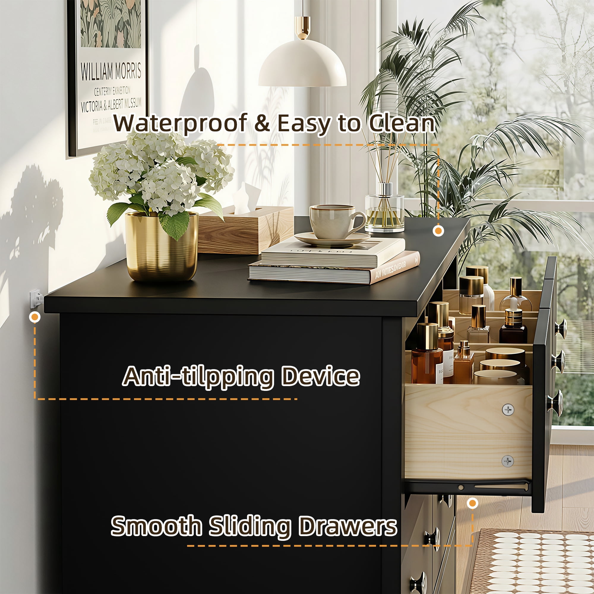 Homall 5 Drawer Double Dresser, Modern Wood Chest of Drawer for Living Room Bedroom,Black