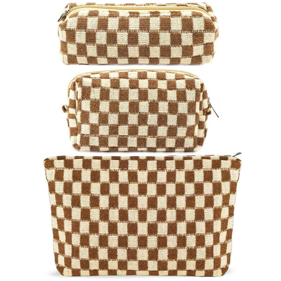 Rongsi 3Pcs Checkered Makeup Bag for Women Large Cosmetic Bag Set Travel Toiletry Bag Makeup Pouch Bag for Purse Brown Zipper Storage Bag Organizer Cute Car Essentials Bag