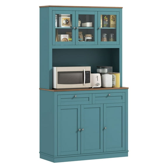 71" Kitchen Pantry Cabinet with Microwave Stand, Green Hutch with 2 Drawers & Adjustable Shelves, Food Storage Organizer