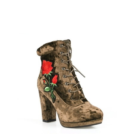 

Nature Breeze Women s Velvet Rose Detailed Heel Bootie in Taupe