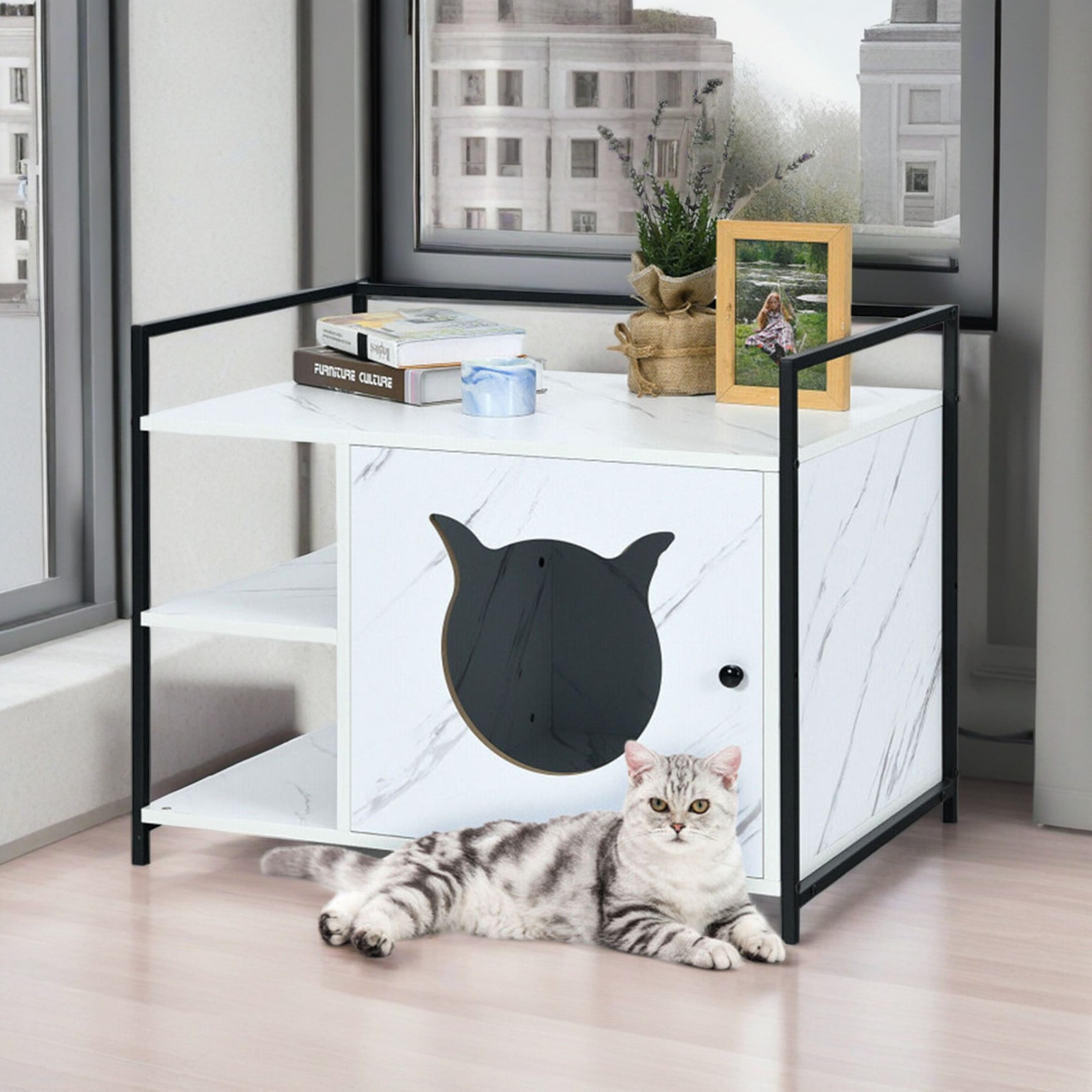Kadyn 30" Hidden Cat Litter Box Enclosed Furniture, Indoor Wood Cat House with Iron Sturdy Structure, White