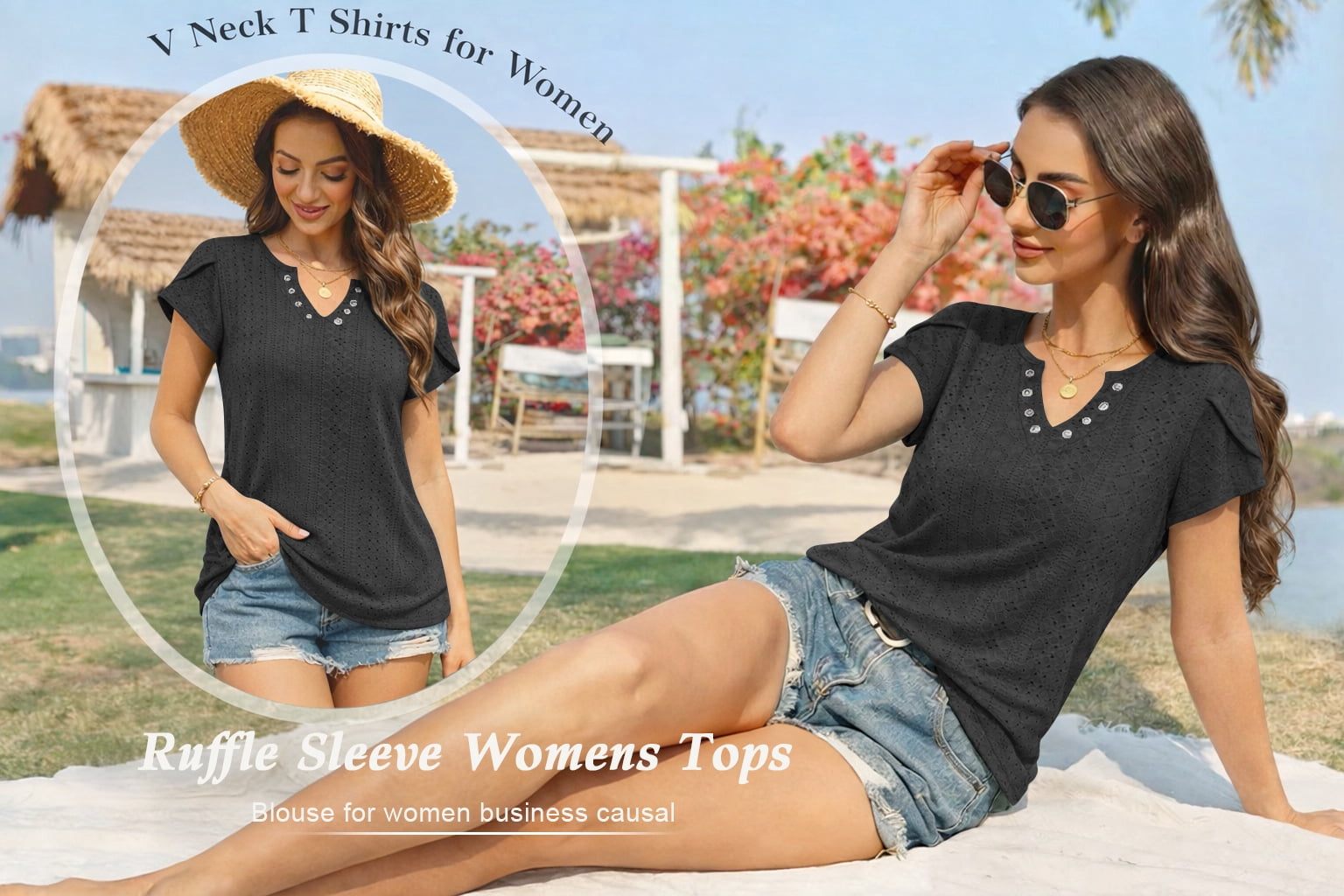 TEMOFON Womens Summer Tops Casual V Neck Tee Shirts Petal Sleeve Fashion Loose Blouses for Women Clothes Short Sleeve Shirts Dressy Tunic Tops