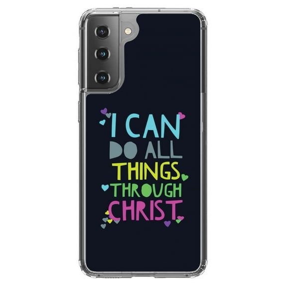 DistinctInk Clear Shockproof Hybrid Case for Galaxy S21  PLUS 5G (6.7" Screen) - TPU Bumper, Acrylic Back, Tempered Glass Screen Protector - I Can Do All Things Through Christ - Love of Christ