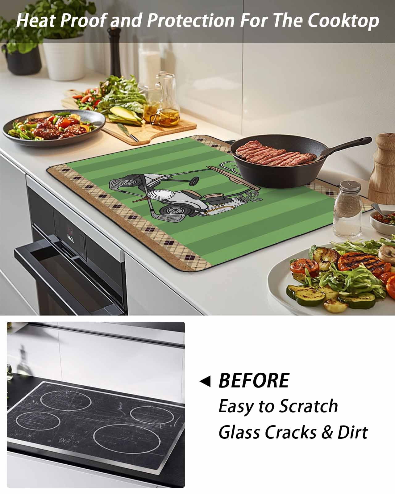 Stove Top Covers for Electric Stove, Golf Balls Glass Stovetop Cover Protector, Green Sports Art Truck Brown Lattice Induction Cooktop Protector Oven Mat for Kitchen Countertop 24"x21"