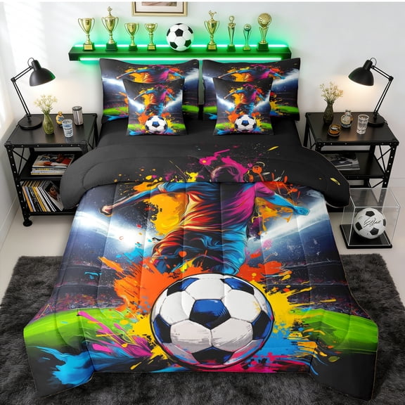 Erosebridal Soccer Graffiti Splash Twin Bedding Sets 7-Piece for Kids Teens,Boys Girls Sport Gamer Bedding Comforter Set,Black Reversible,Breathable Home Decor