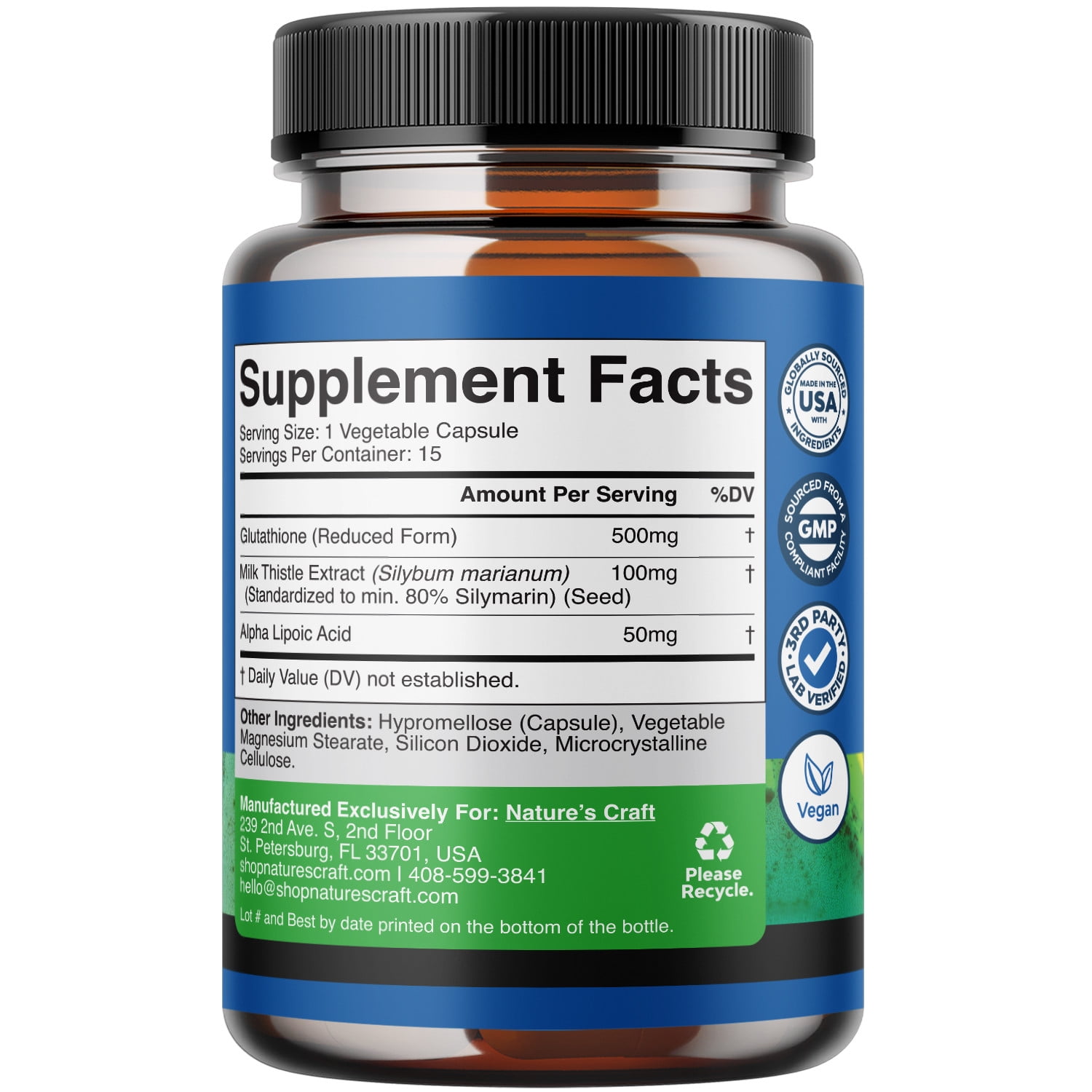 Natures Craft Glutathione Supplement with Glutamic Acid, Milk Thistle  Extract, ALA, 120 Capsules - Walmart.com