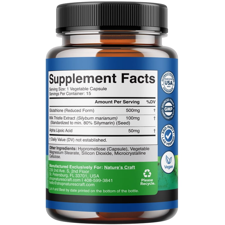Pure Glutathione Capsules - Supplement with Milk Thistle, ALA, Amino Acid  for Liver, Skin, Immunity, Brain Health