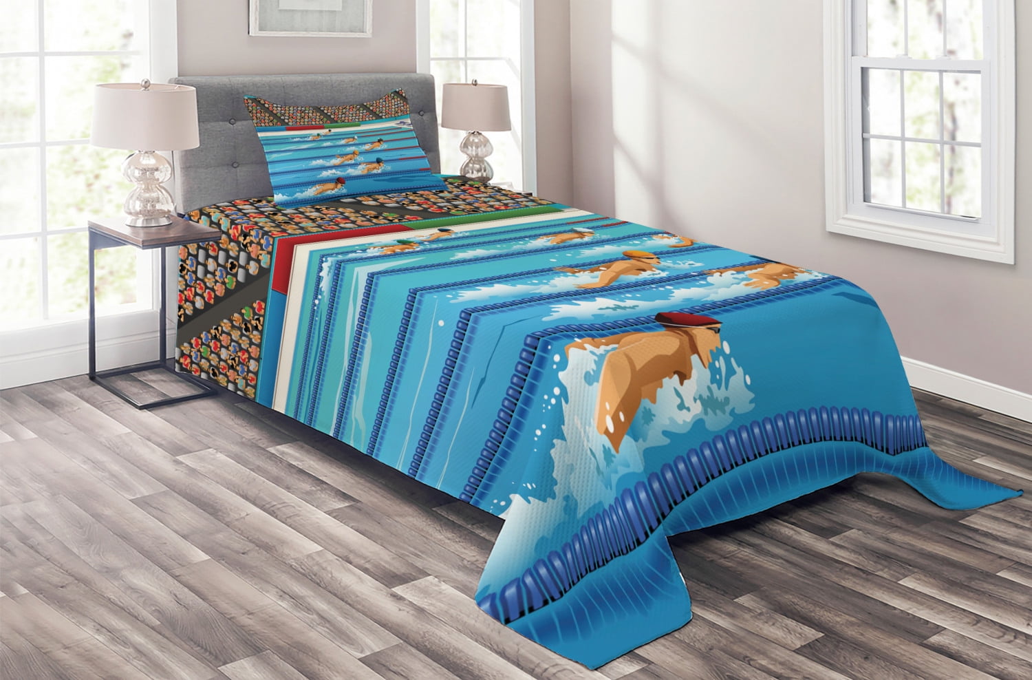 Olympics Coverlet Set Twin Size, Illustration of Swimmers During