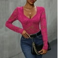 thumbnail image 2 of JGGSPWM Women's Sheer Floral Lace Long Sleeve Bodysuit: V Neck Slim Fit Bottom Shirts for Elegant Comfort Hot Pink XL, 2 of 6