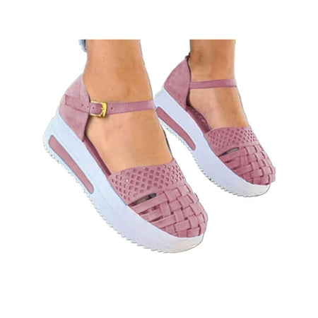 

Wazshop Ladies Wedge Sandals Thick Sole Platform Sandal Ankle Strap Mary Jane Lightweight Buckle Gladiator Shoes Women Closed Toe Comfy Pink 7.5