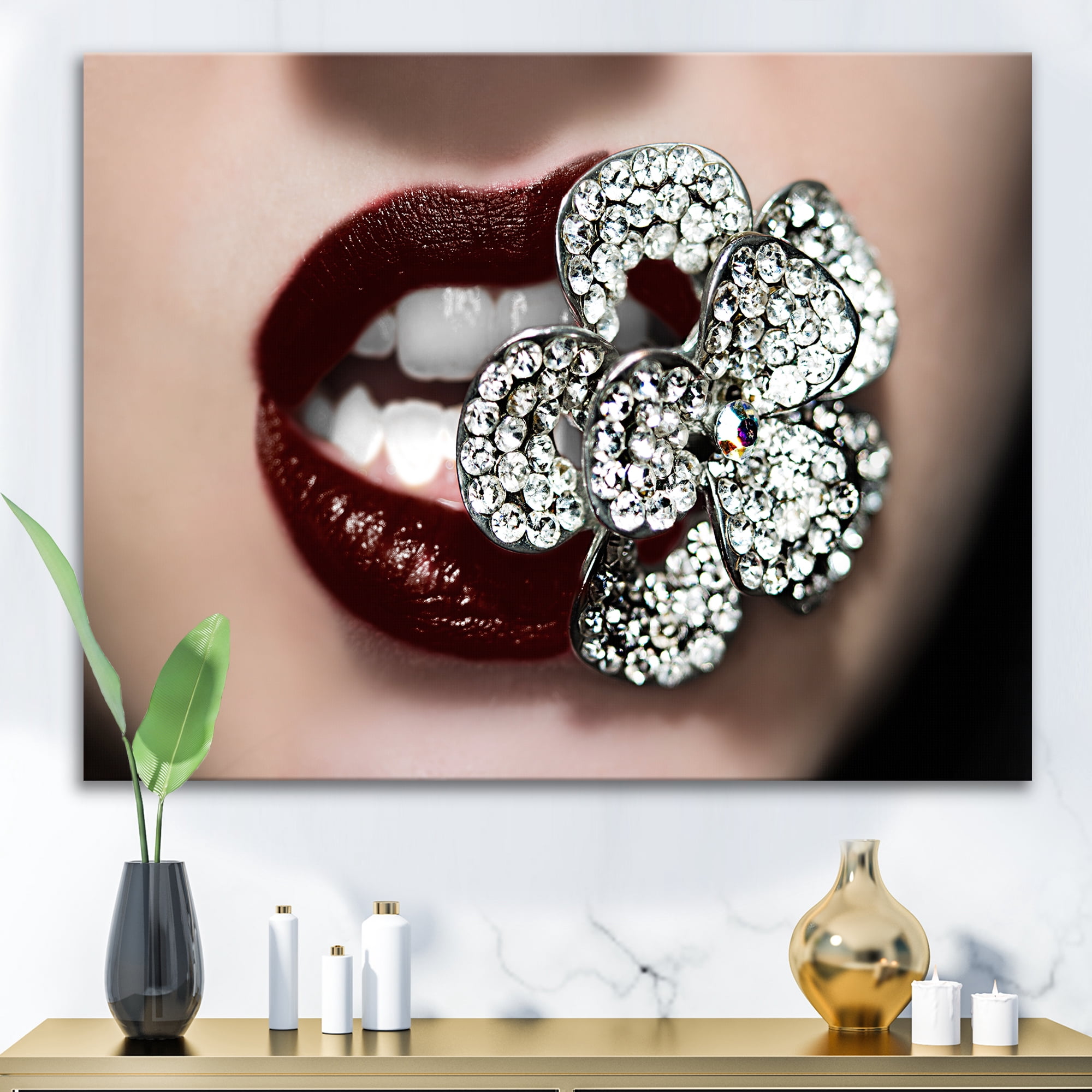 Designart ' Detail Of Sexy Red Girl Lips ' Modern Canvas Wall Art Print