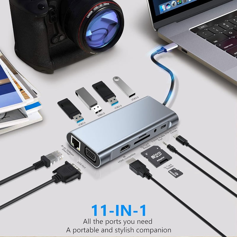 USB C Multiport Hub, 11 in 1 Docking Station with 4K HD, VGA, 1000 RJ45 Ethernet, PD Charging, USB 3.0/2.0, SD/TF Card, Universal Hub, Compatible with MacBook, Dell, Lenovo Surface Laptops