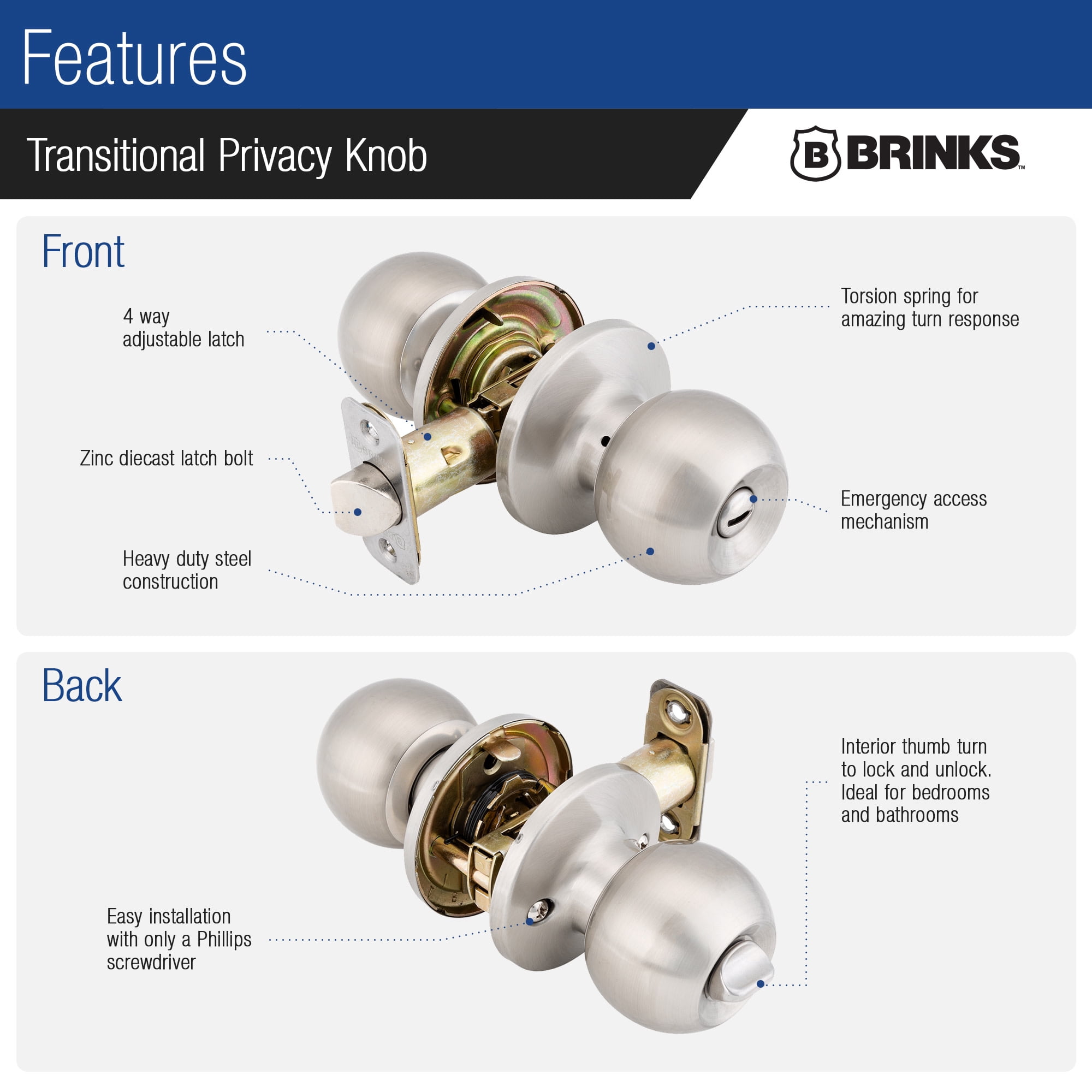 BRINKS  Transitional Privacy Locking Interior Ball Door Knob, Matte Black - Designed for Traditional and Transitional Homes and Blends Seamlessly with Interior Dcor E2435-122