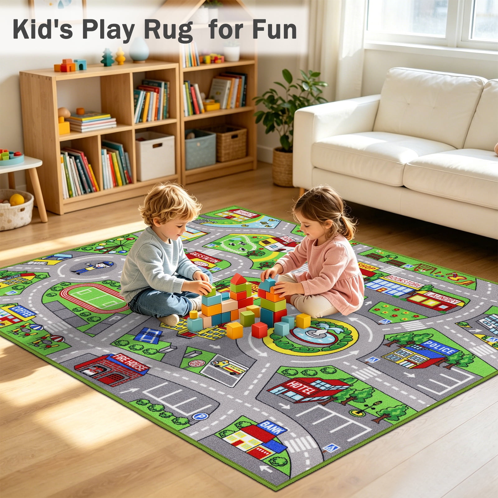 ORGOWEL Kids Carpet Playmat Area Rug Car Mat Play Rug for Playroom Educa tional Car Mat Machine Washable Non-Slip Kids Rug for Bedroom, Living Room,39.4"x63",Green