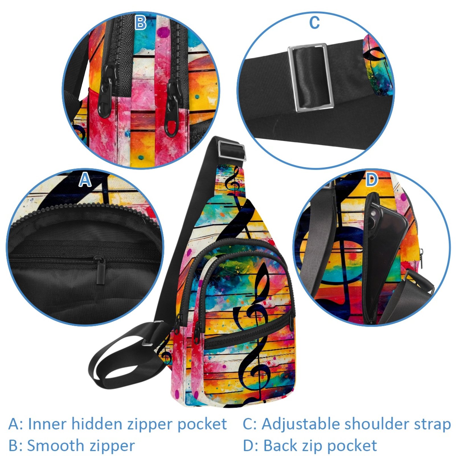 ERJLKXP Tie Dye Music Notes Small Mens Women Crossbody Chest Bag, Travel Over Shoulder Sling Bag Backpack Men Side Bag,Daypack