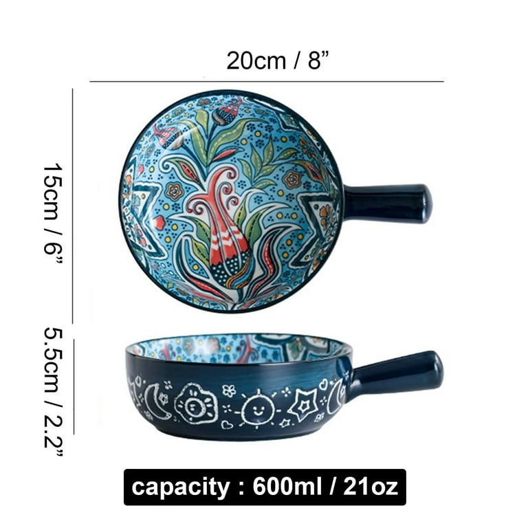 Qeeadeea Ceramic Soup Bowl with Handle 600ml, Single Shallow Bowl, Small Ramen Bowl, Microwave and Oven Safe-blue-20x15x5.5cm