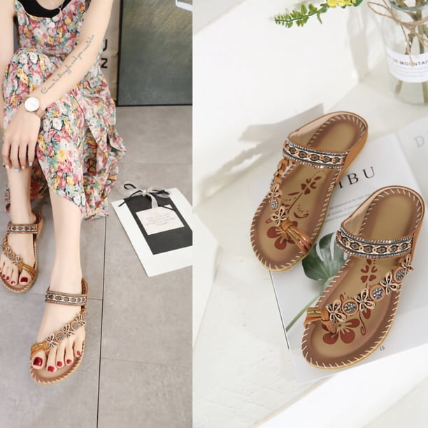 Sandalias de playa con diamantes de imitación y flores planas bohemias Wmkox8yii ytu1308