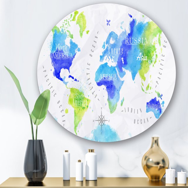 Designart - World Map In Green and Blue - Modern Metal Circle Wall Art