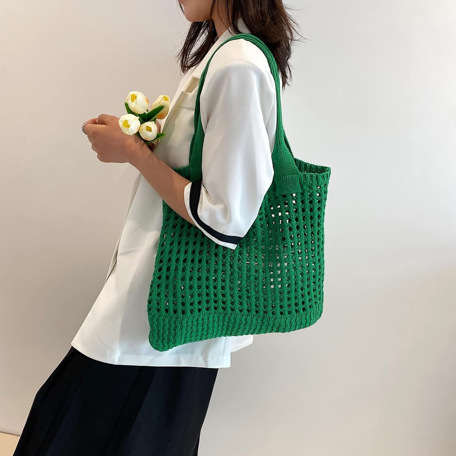 Kukuzhu Crochet Beach Bags for Women, Woven Travel Tote Fishing Net Handbag Shopping Large Hobo Shoulder Bag for for Holiday